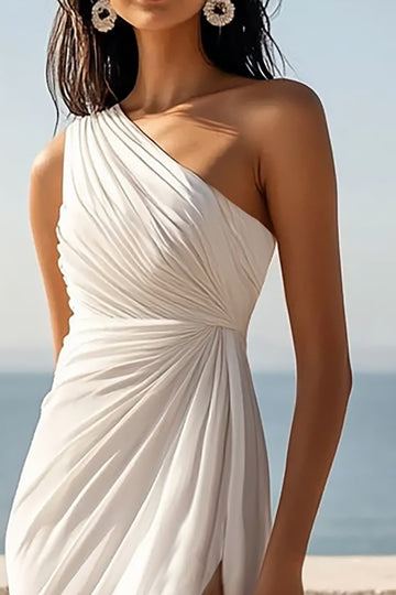 One Shoulder Ivory Engagement Dress with Slit